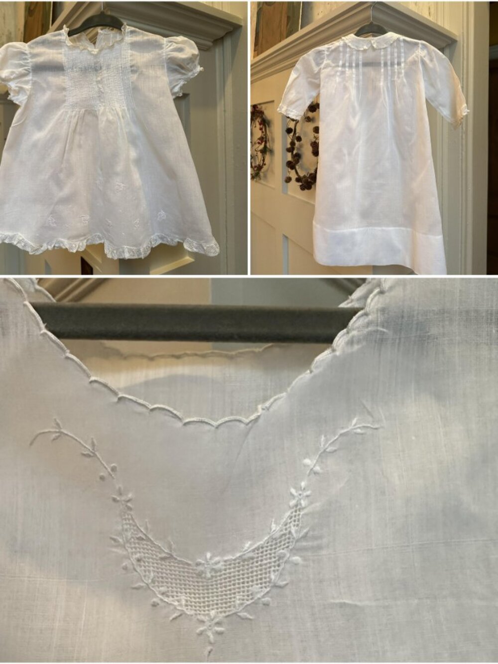 👼 Antique Three-Piece Embroidered Christening Gown Set — Hand-Stitched Heirloom
